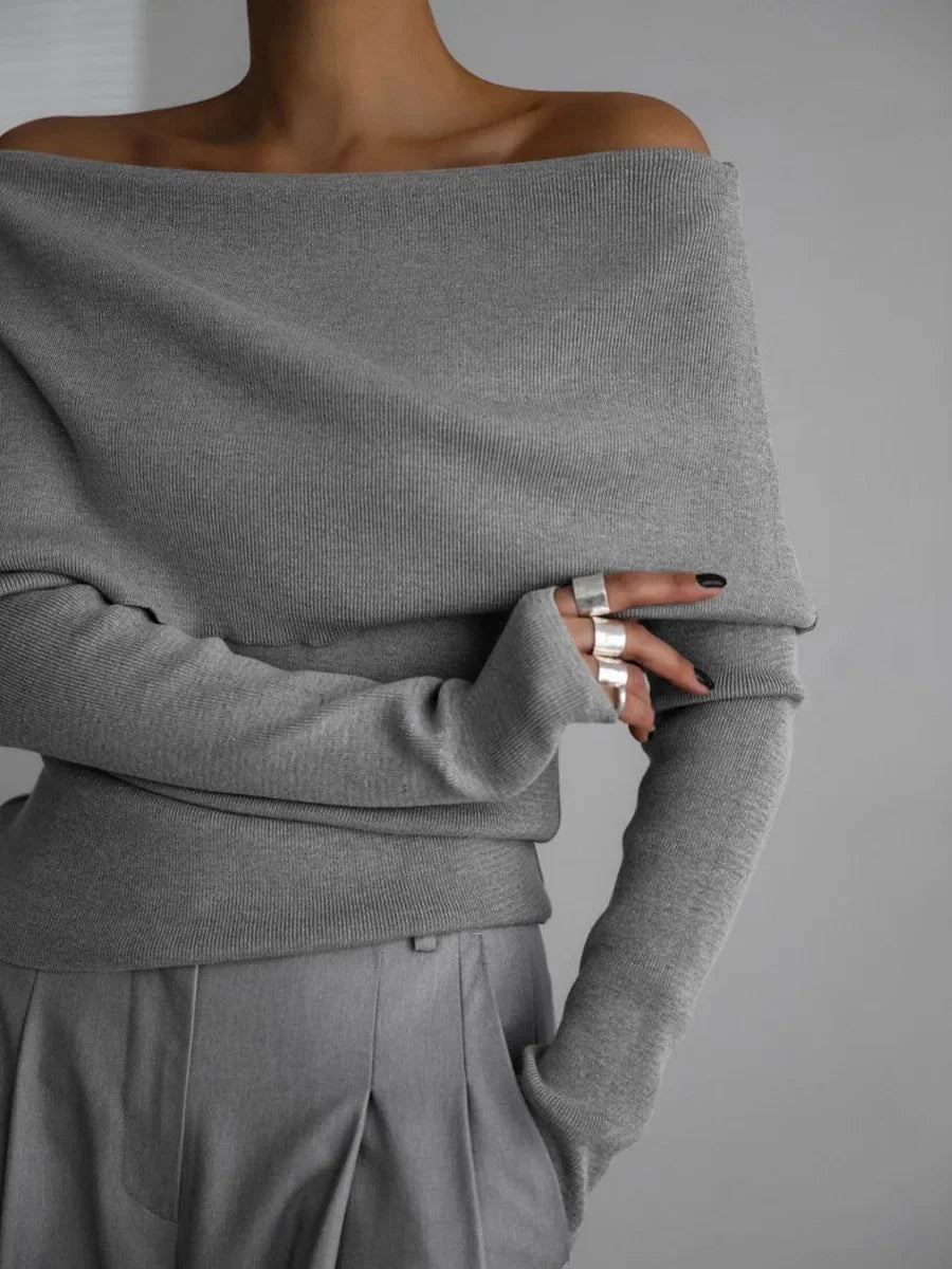 Women's Off-Shoulder Sweater – Slim Hand-Knit Texture