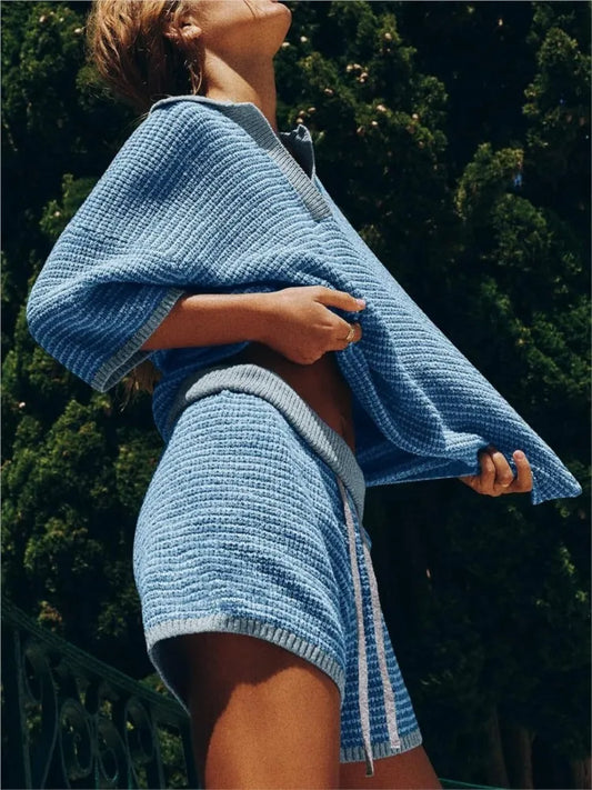 Women's Knit Two-Piece Set – V-Neck Top & Shorts