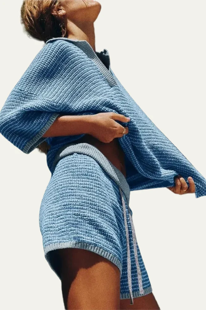 Women's Knit Two-Piece Set – V-Neck Top & Shorts