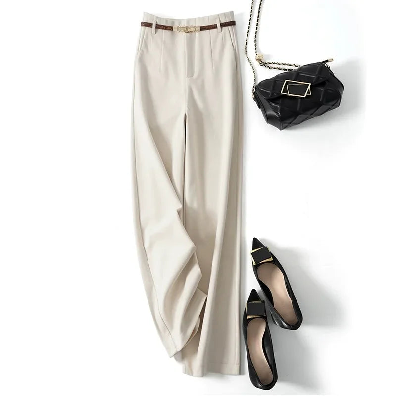 Women's Wide-Leg Wool-Blend Pants – High-Waist Belted