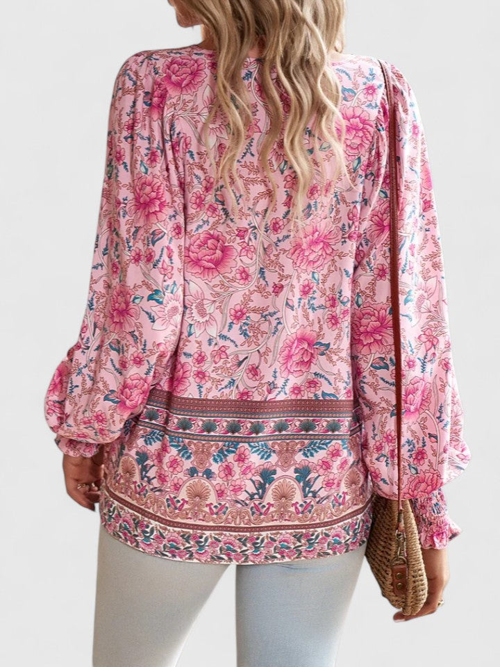 Women's Floral Peasant Top – Gathered V-Neck
