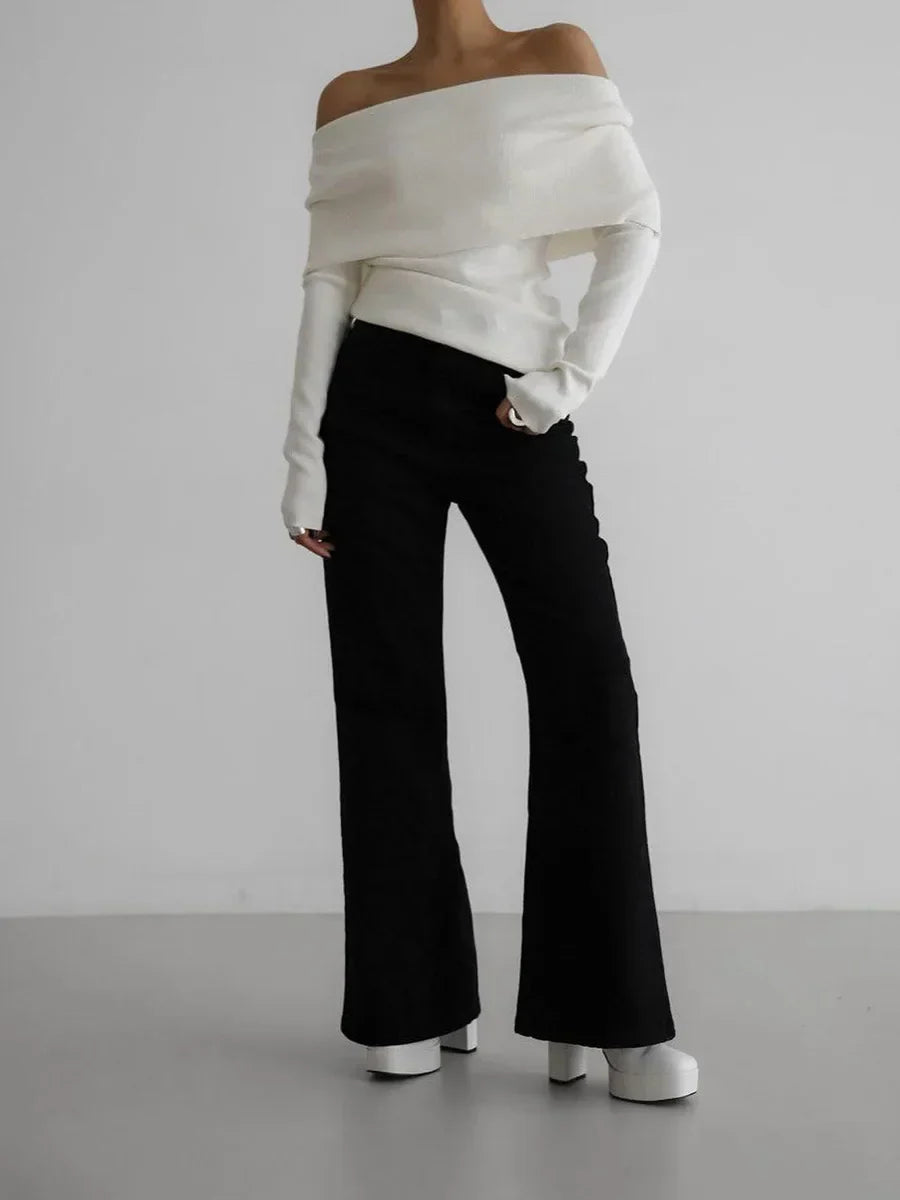 Women's Off-Shoulder Sweater – Slim Hand-Knit Texture