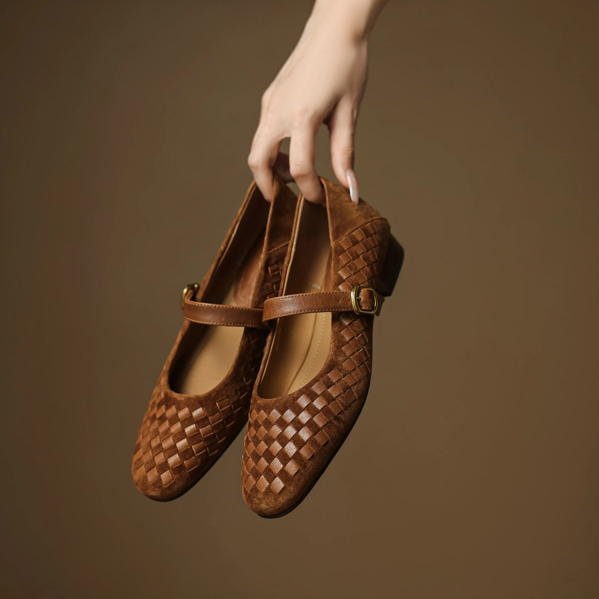 Women's Woven Leather Mary Jane Shoes – Low Block Heel