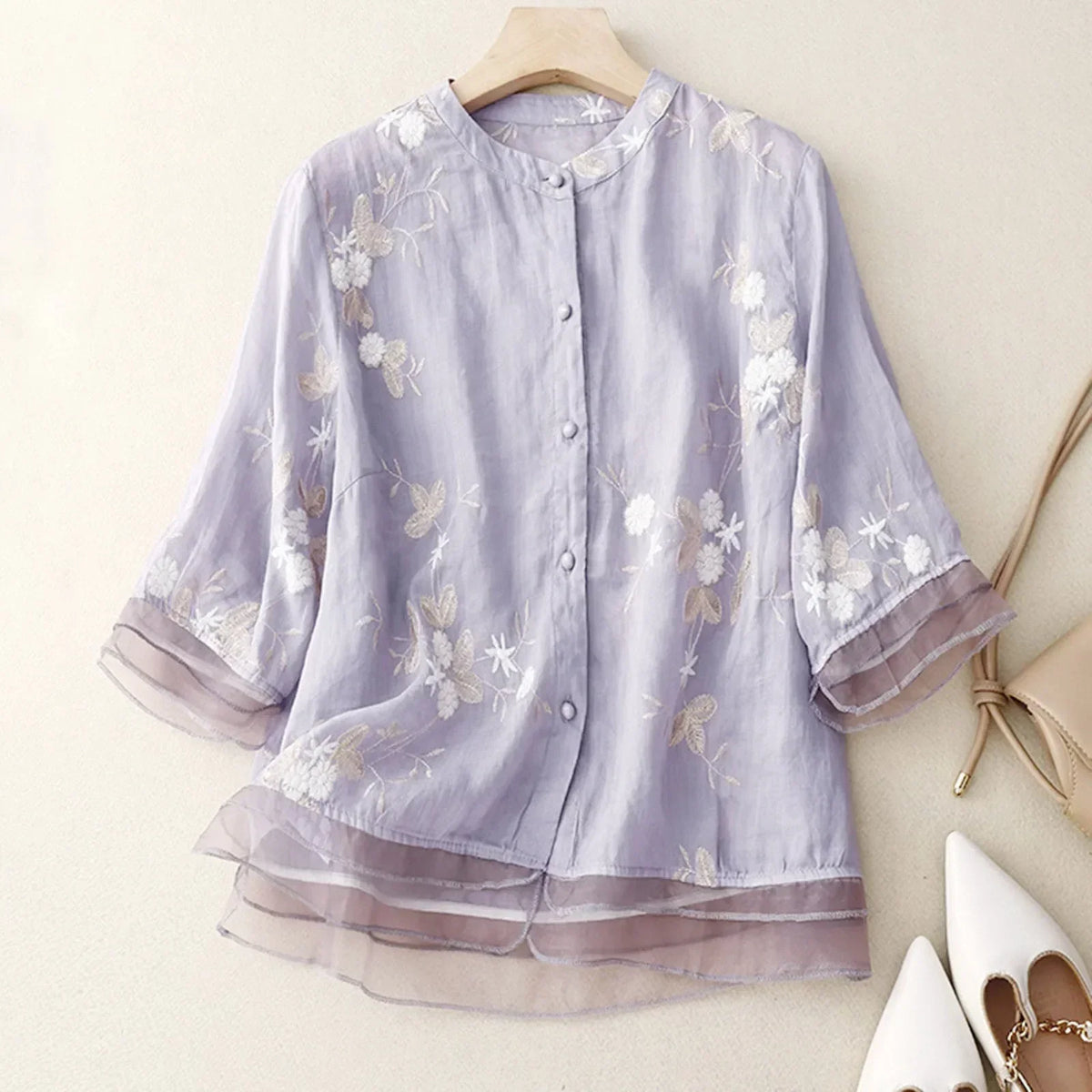Women's Embroidered Blouse – Sheer Organza Flared Cuffs