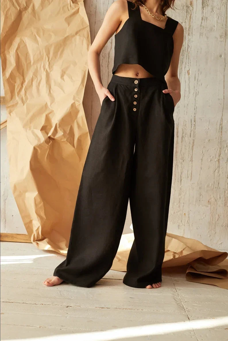Women's Wide-Leg Cotton Pants – Ankle-Length Button Fly