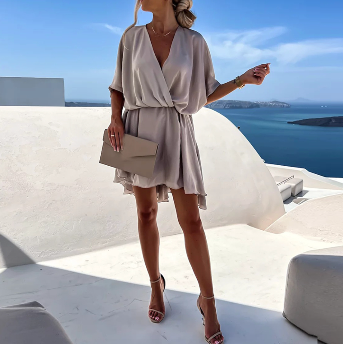 Women's Satin Mini Dress – V-Neck Fluid Drape