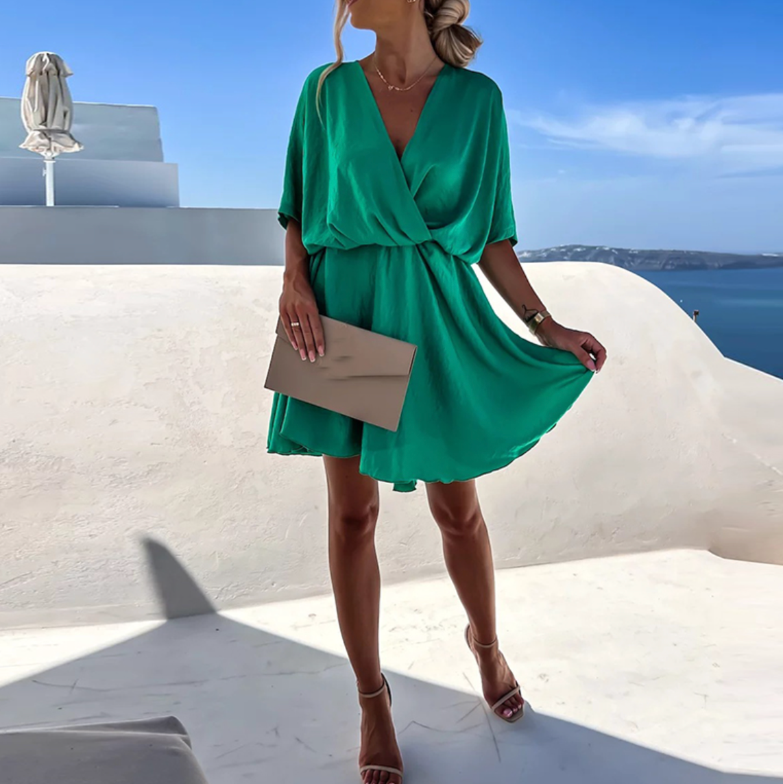 Women's Satin Mini Dress – V-Neck Fluid Drape