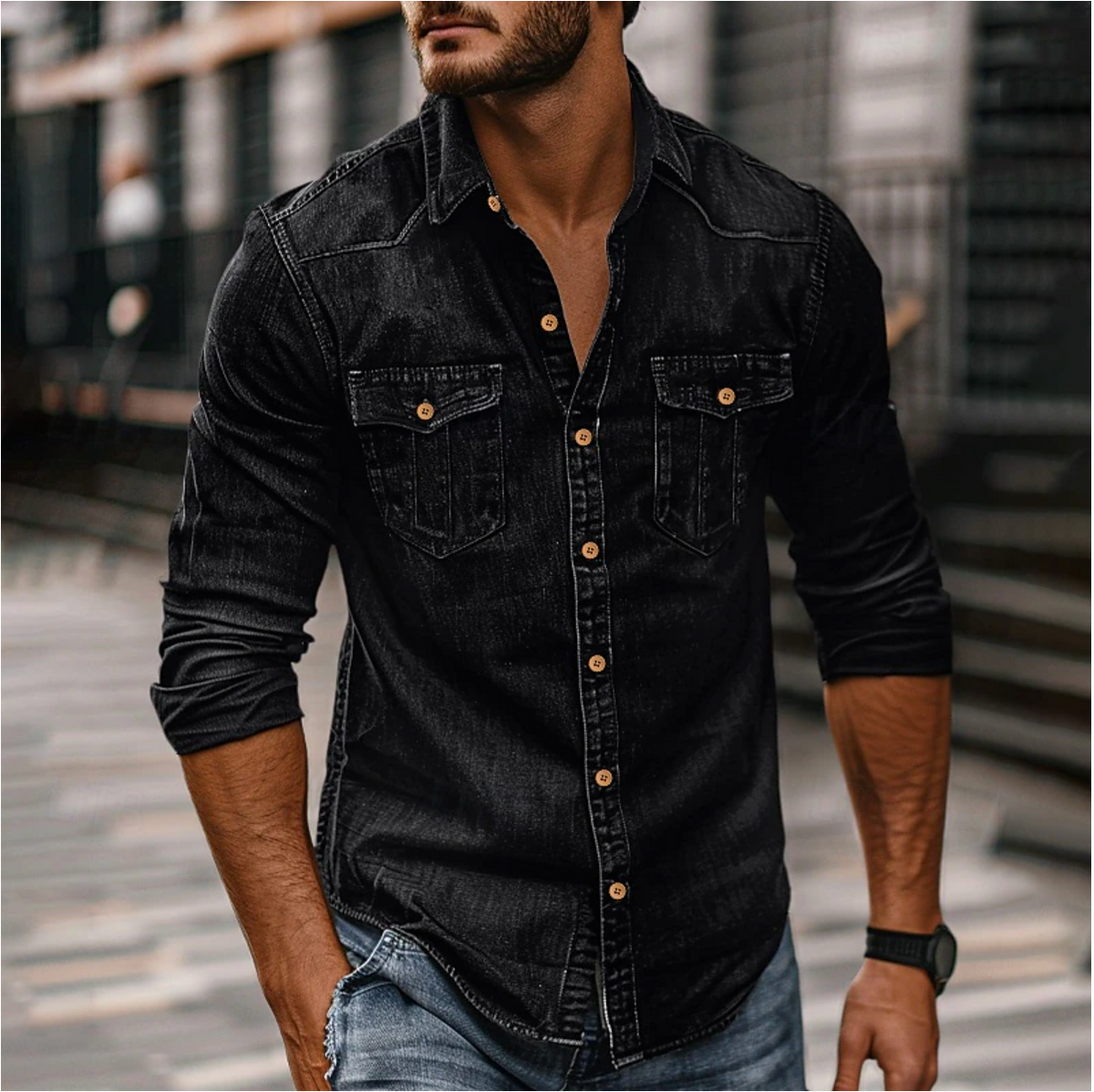 Men's Denim-Look Shirt – Twin Chest Pockets