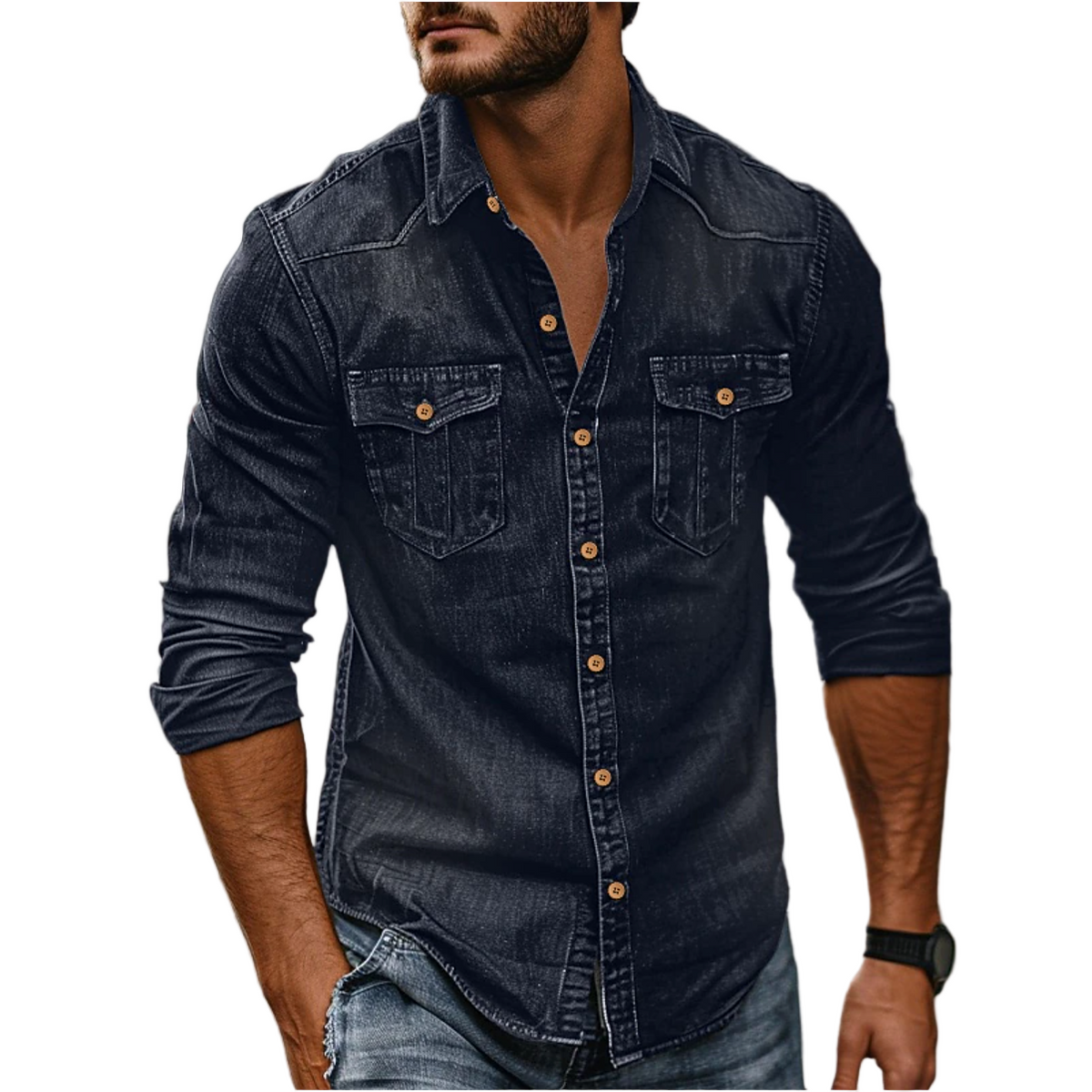 Men's Denim-Look Shirt – Twin Chest Pockets