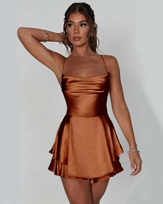 Women's Cowl Neck Mini Dress – Flounce Hem A-Line