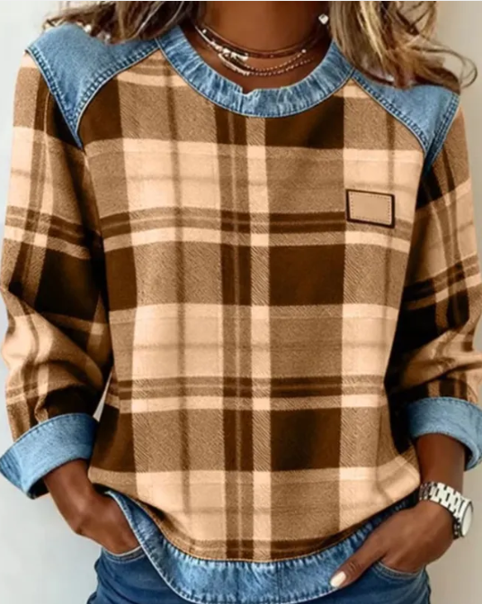 Women's Patchwork Sweatshirt – Embossed Floral Crew Neck