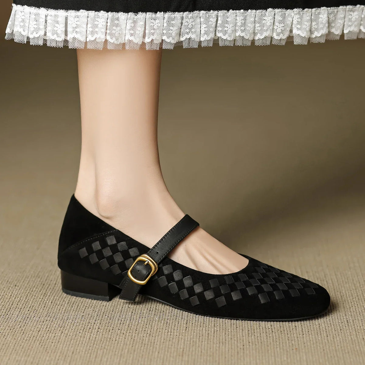 Women's Woven Leather Mary Jane Shoes – Low Block Heel