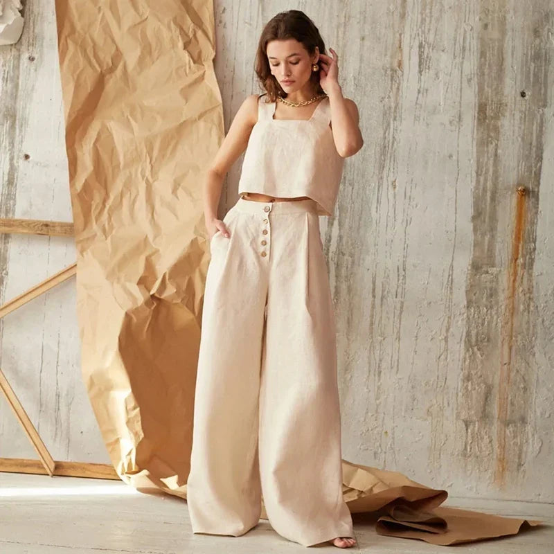 Women's Wide-Leg Cotton Pants – Ankle-Length Button Fly
