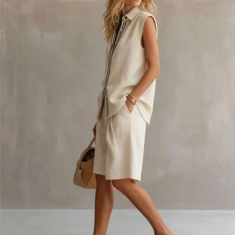 Women's Two-Piece Shirt and Shorts Set – Sleeveless Knee-Length