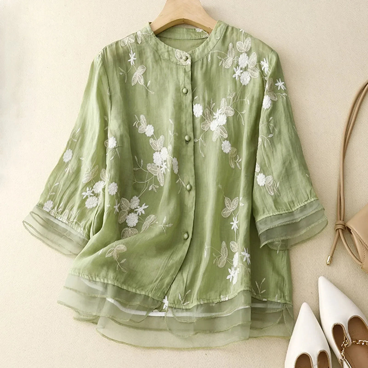 Women's Embroidered Blouse – Sheer Organza Flared Cuffs
