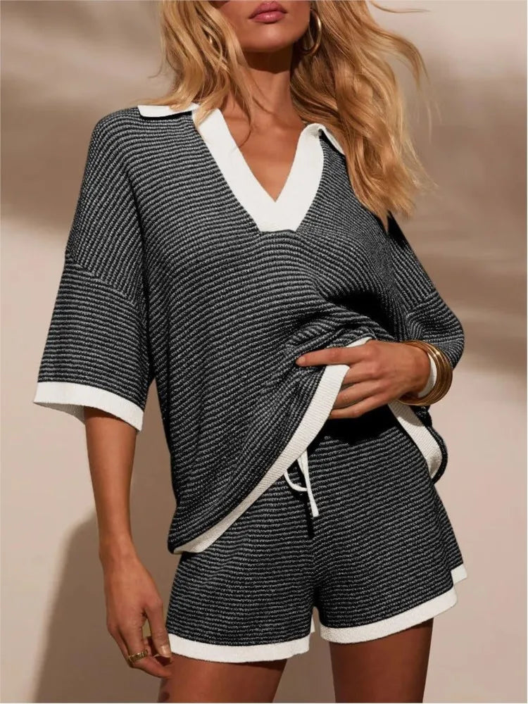 Women's Knit Two-Piece Set – V-Neck Top & Shorts