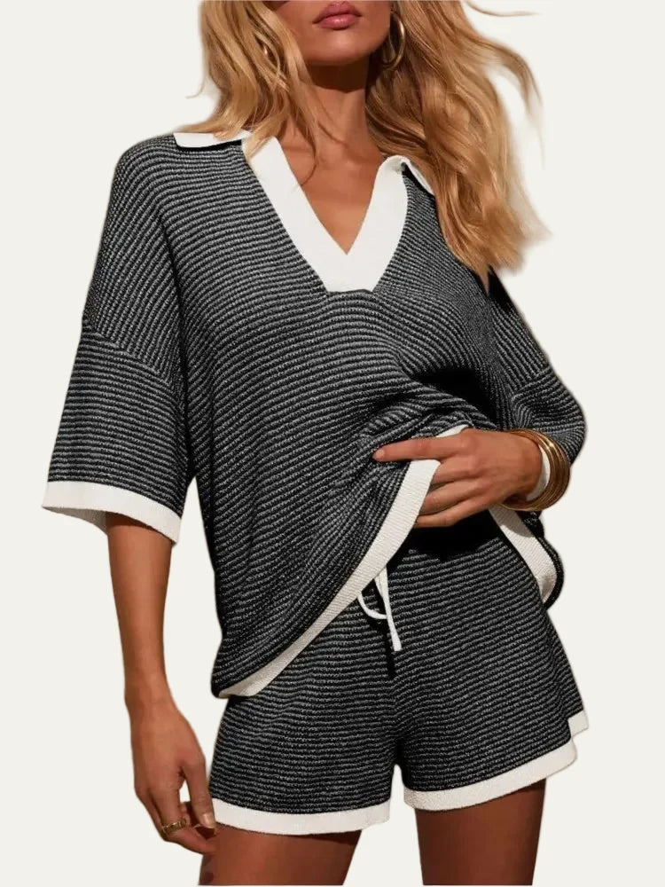Women's Knit Two-Piece Set – V-Neck Top & Shorts