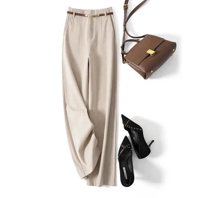 Women's Wide-Leg Wool-Blend Pants – High-Waist Belted