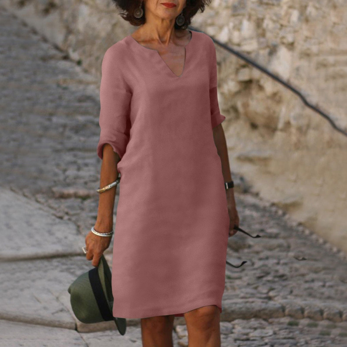 Women's V-Neck Midi Dress – Relaxed Straight Cut