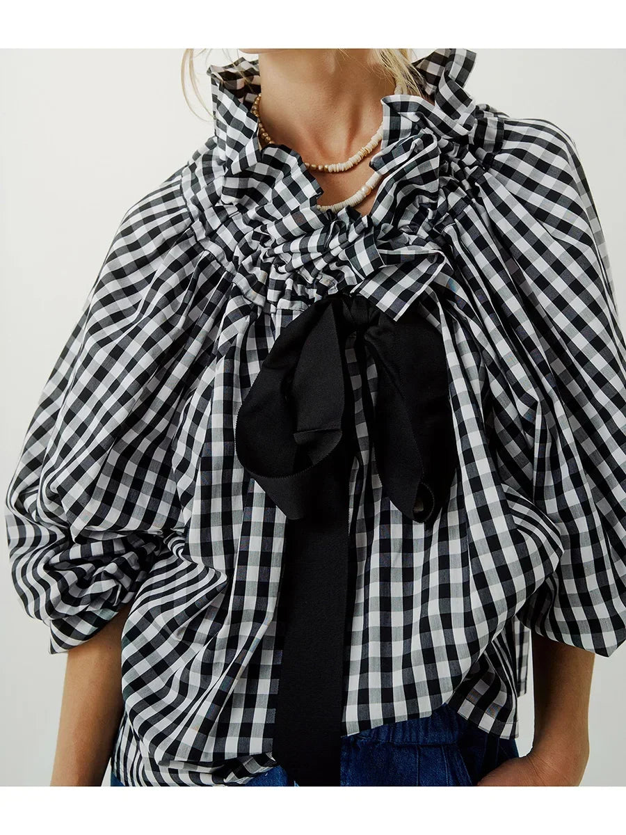 Women's Ruffled Collar Blouse – Bow Tie Lantern Sleeve