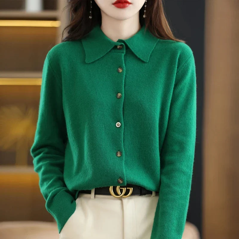 Women's Polo Collar Cardigan – Wool-Blend Button Front