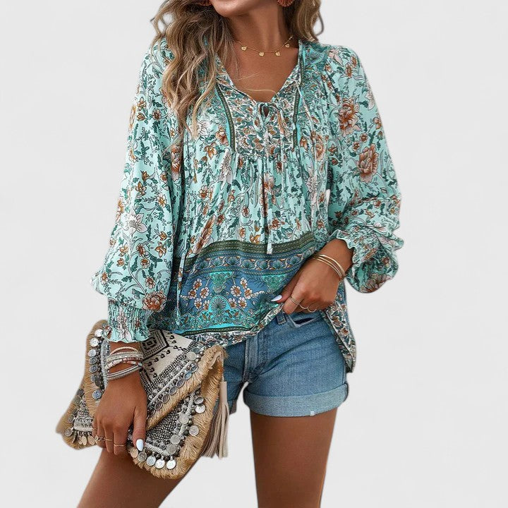 Women's Floral Peasant Top – Gathered V-Neck
