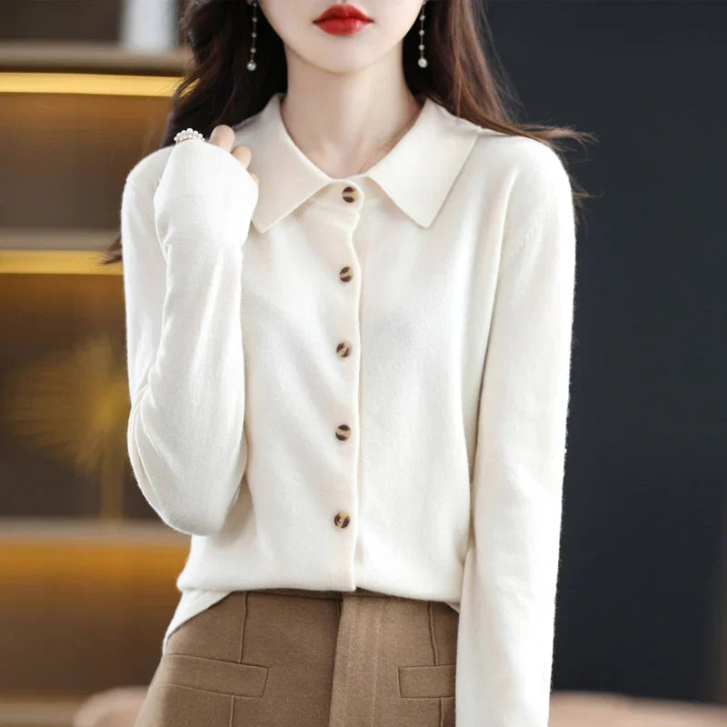 Women's Polo Collar Cardigan – Wool-Blend Button Front