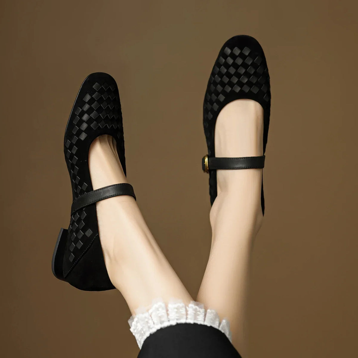 Women's Woven Leather Mary Jane Shoes – Low Block Heel