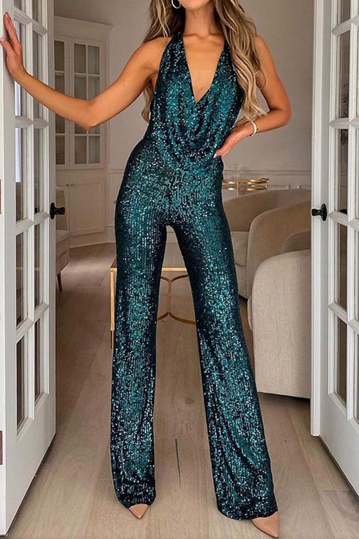 Women's Sequin Jumpsuit – Sleeveless Fitted Silhouette