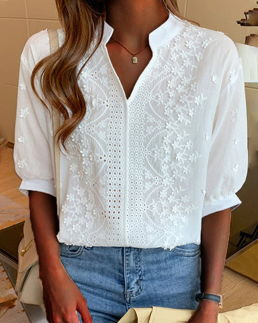 Women's Embroidered Cotton Blouse – V-Neck Puff Sleeve