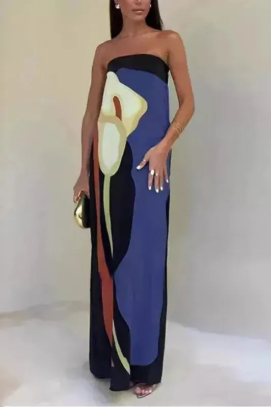 Women's Strapless Maxi Dress – Loose Printed Fit