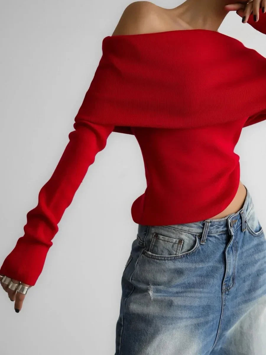 Women's Off-Shoulder Sweater – Slim Hand-Knit Texture