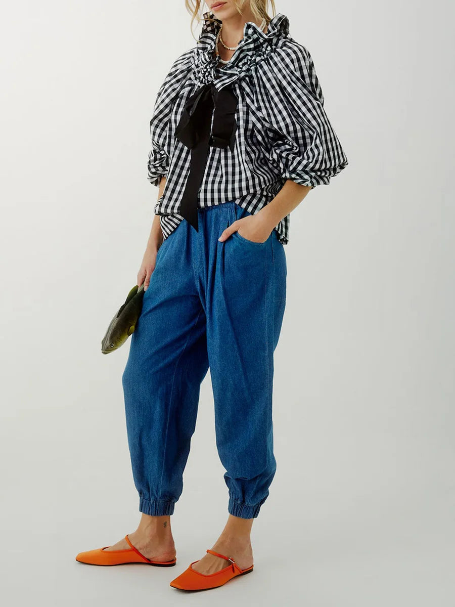Women's Ruffled Collar Blouse – Bow Tie Lantern Sleeve