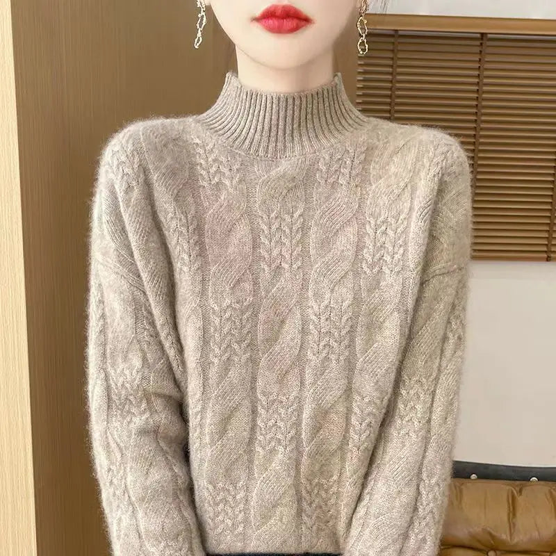 Women's Cable Knit Sweater – Half-High Collar