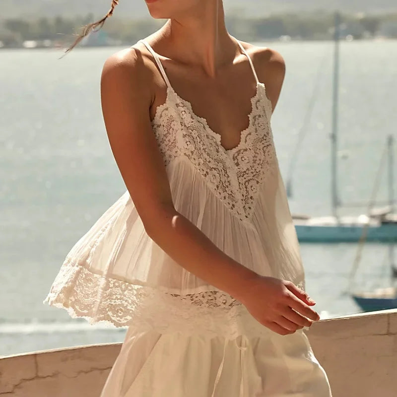 Women's Lace-Trim Cami Top – Sheer Cotton Drape