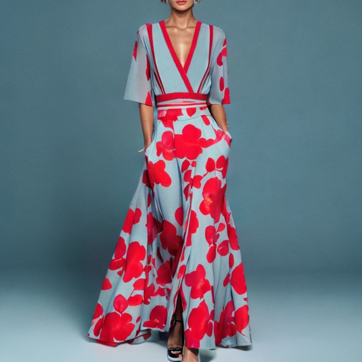 Women's Floral Maxi Dress – V-Neck A-Line Silhouette