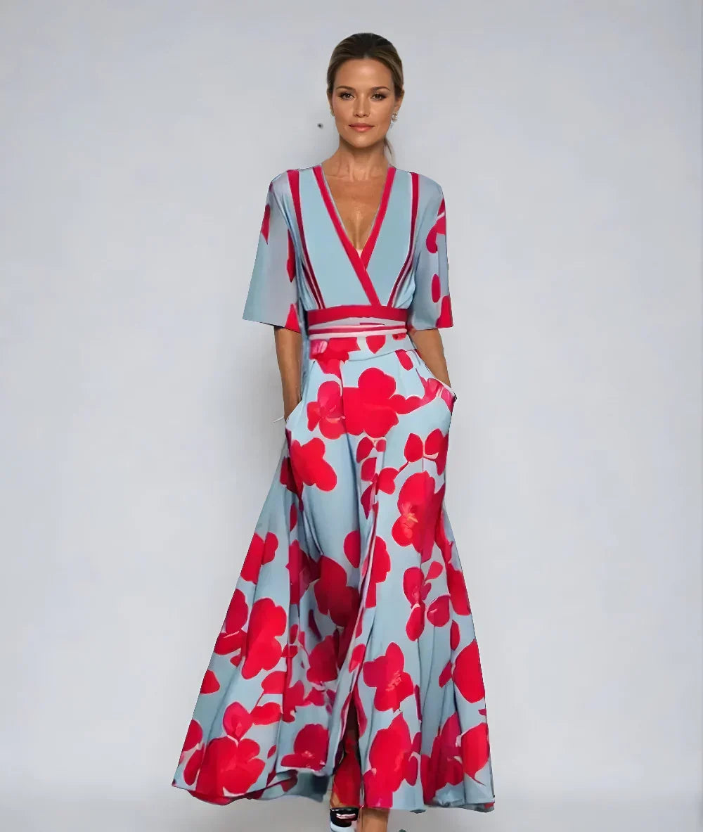 Women's Floral Maxi Dress – V-Neck A-Line Silhouette