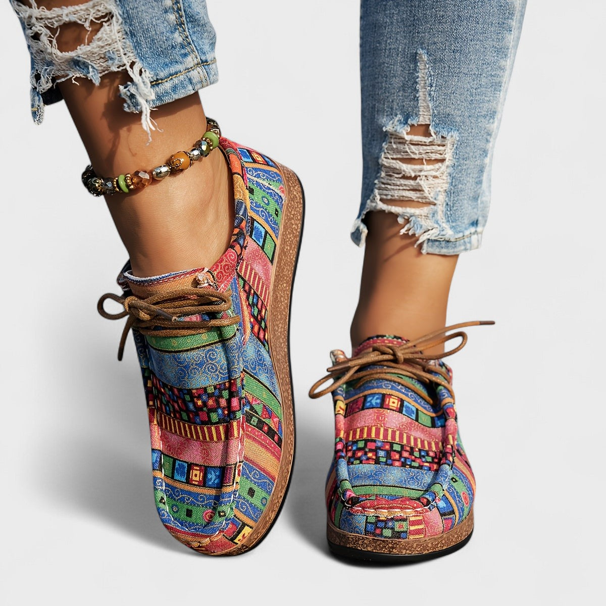 Women's Patterned Lace-Up Sneakers – Cushioned Arch Support