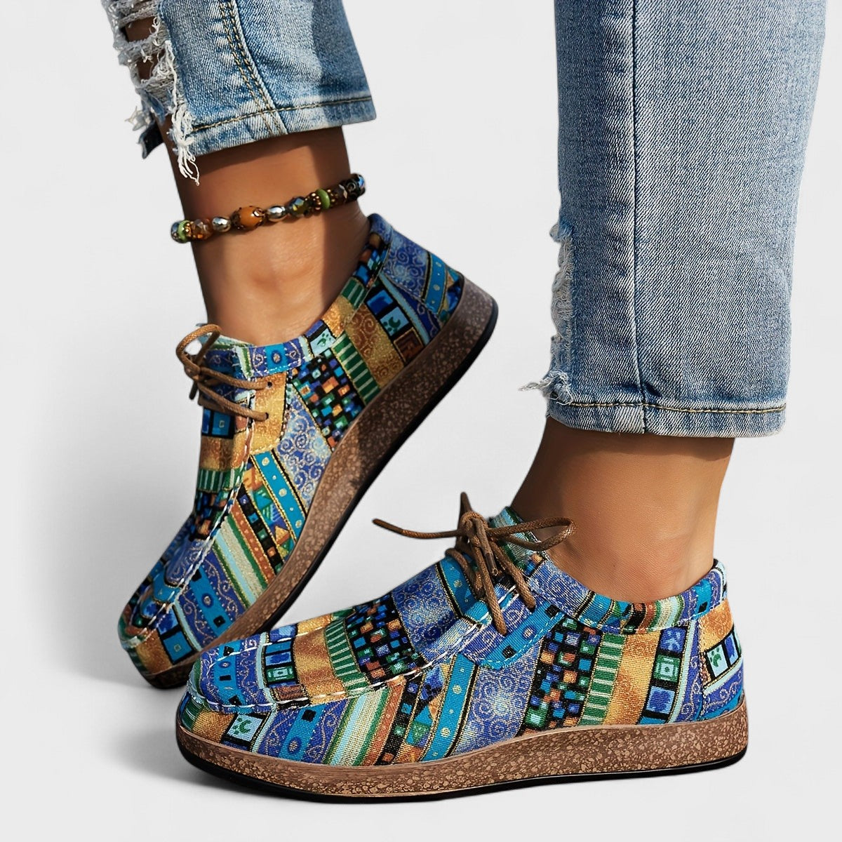 Women's Patterned Lace-Up Sneakers – Cushioned Arch Support