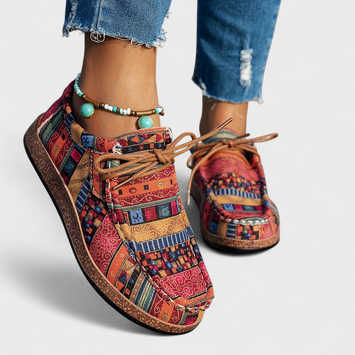 Women's Patterned Lace-Up Sneakers – Cushioned Arch Support