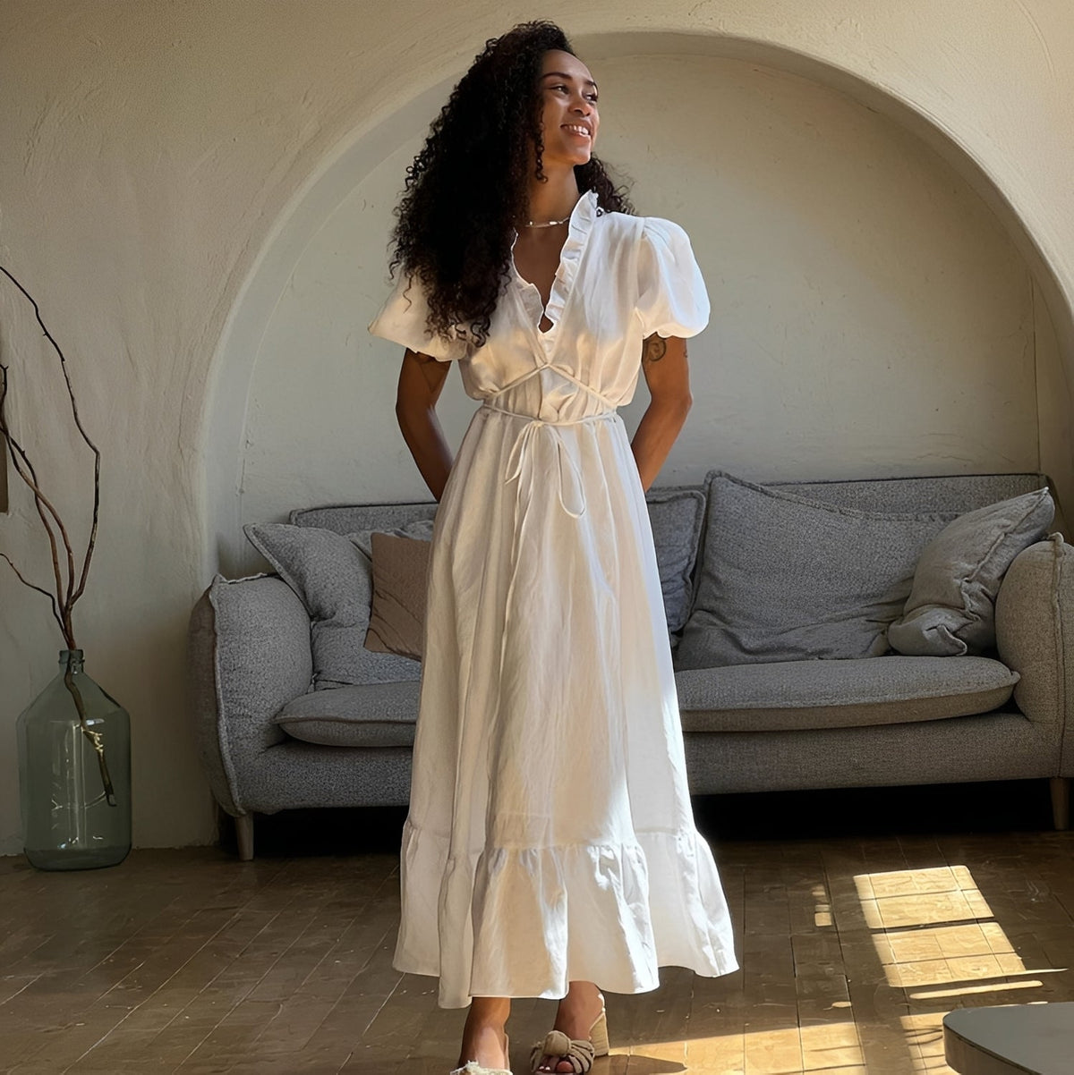 Women's Maxi Dress – Ruffled V-Neck Tiered Skirt