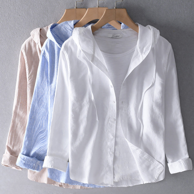 Women's Hooded Linen Blouse – Relaxed Long-Sleeve Fit