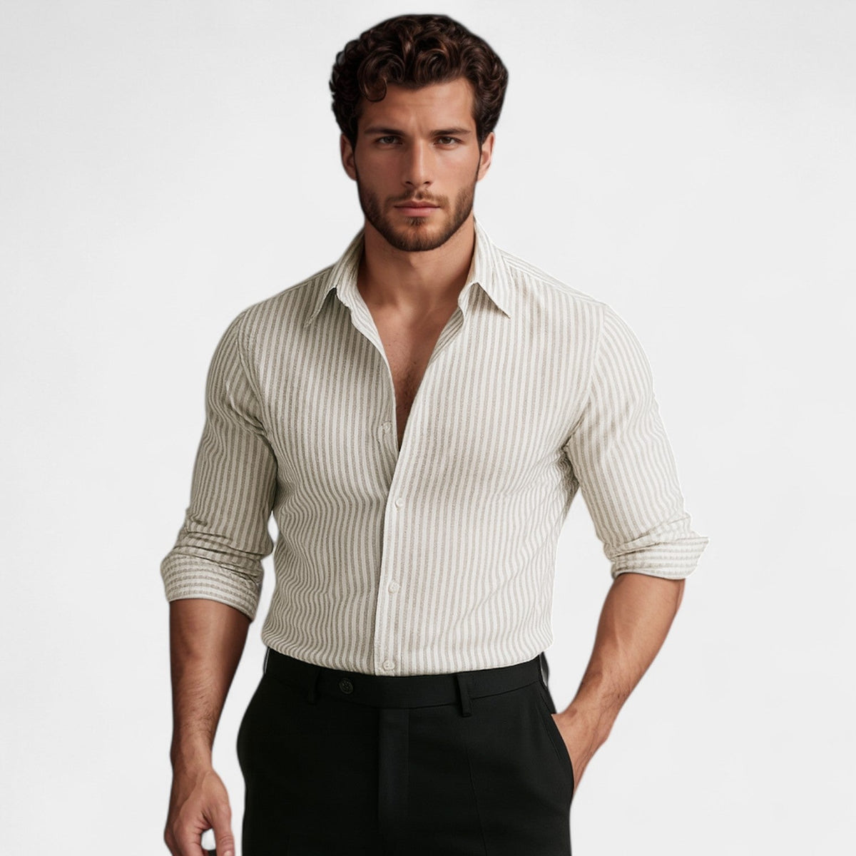 Men's Striped Open-Front Shirt – Relaxed Lapel Collar