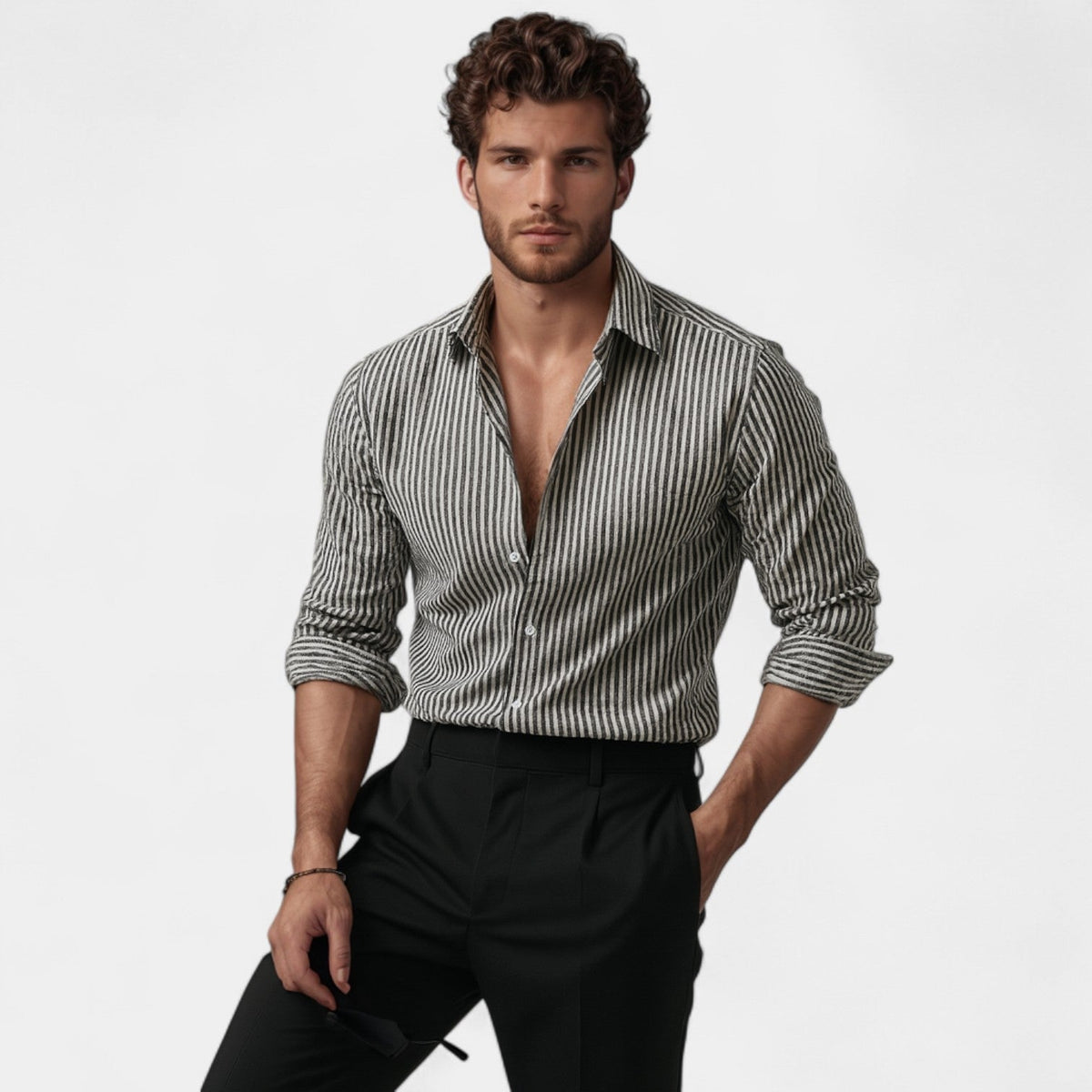 Men's Striped Open-Front Shirt – Relaxed Lapel Collar