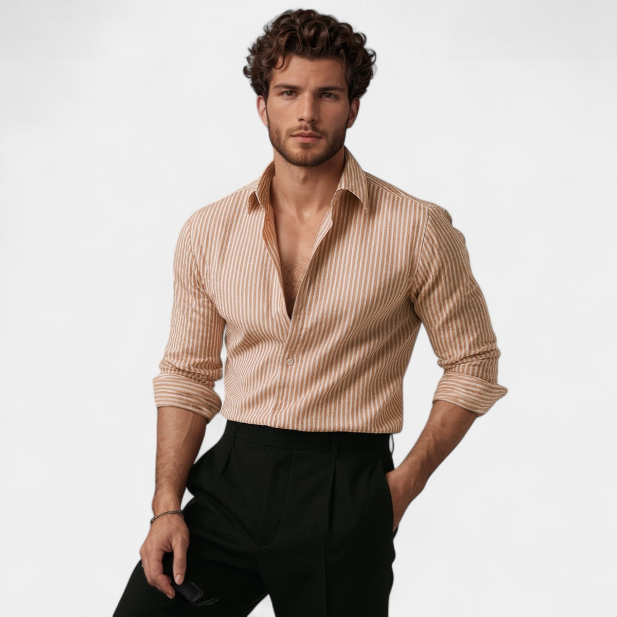 Men's Striped Open-Front Shirt – Relaxed Lapel Collar