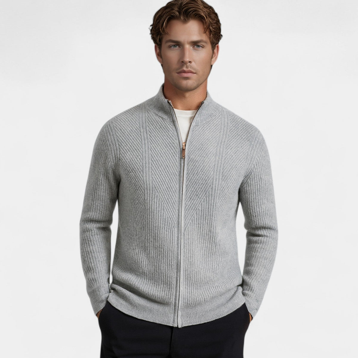 Men's Cashmere Zip Cardigan – Stand Collar Relaxed Fit