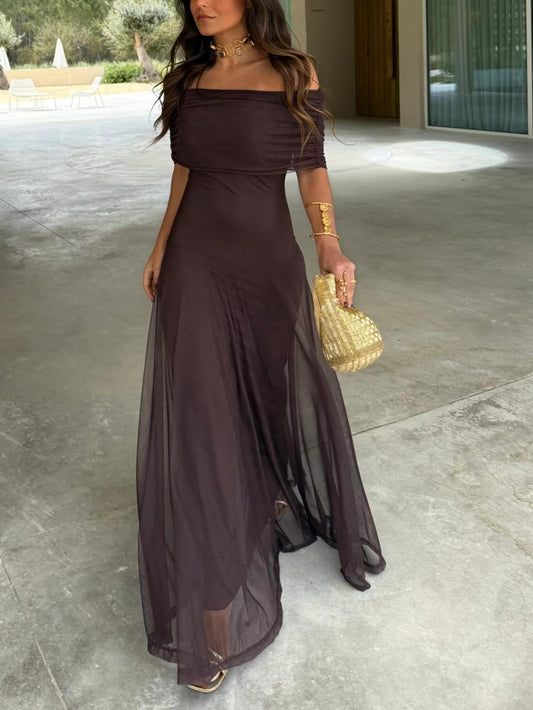 Women's Chiffon Maxi Dress – Off-Shoulder Gathered Bodice