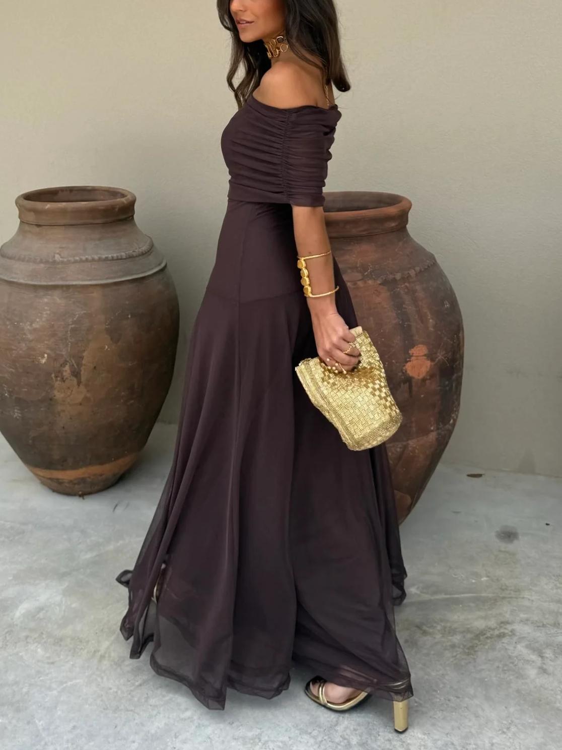 Women's Chiffon Maxi Dress – Off-Shoulder Gathered Bodice
