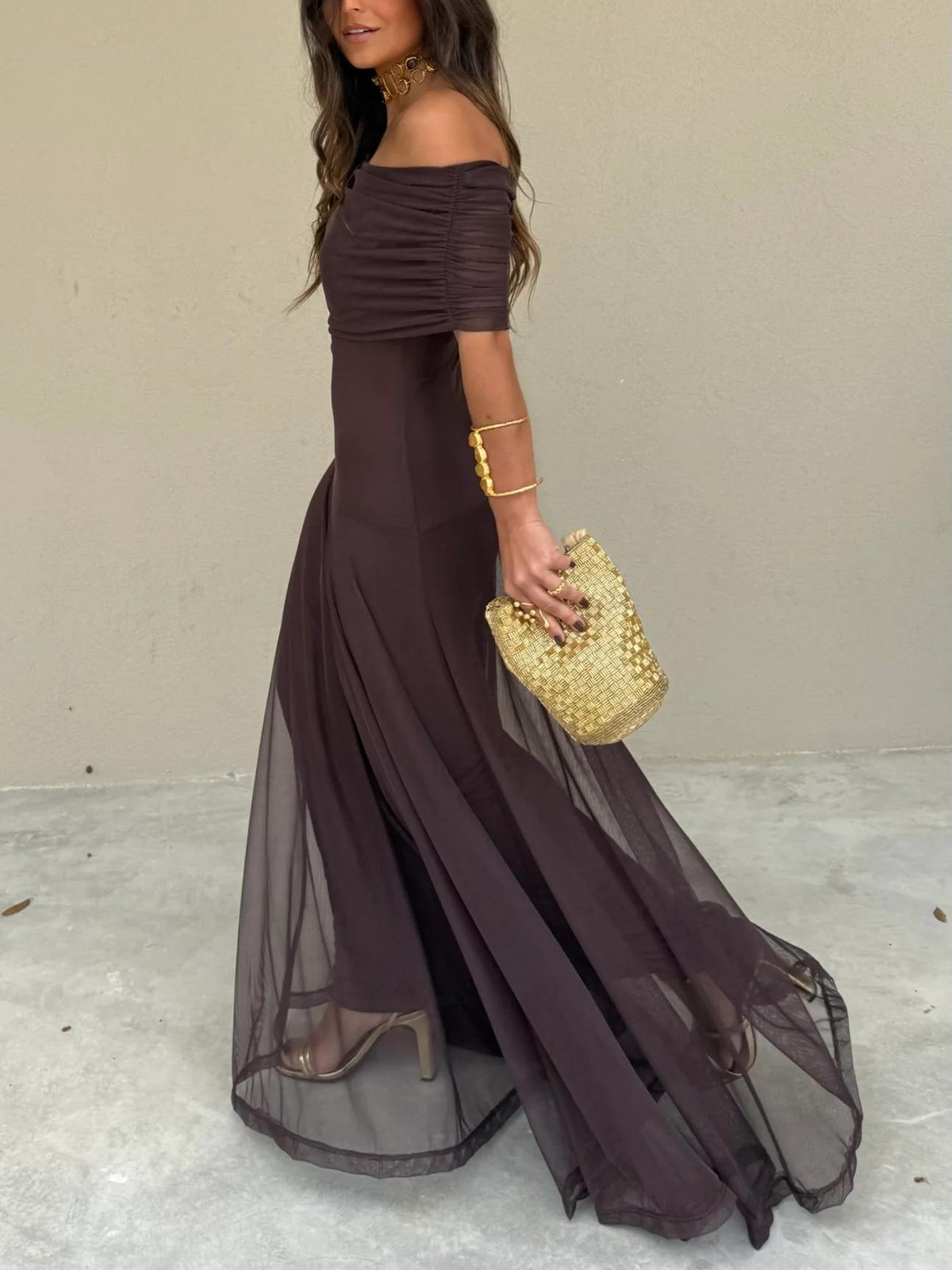 Women's Chiffon Maxi Dress – Off-Shoulder Gathered Bodice
