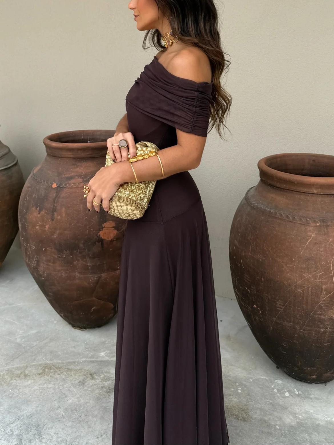 Women's Chiffon Maxi Dress – Off-Shoulder Gathered Bodice